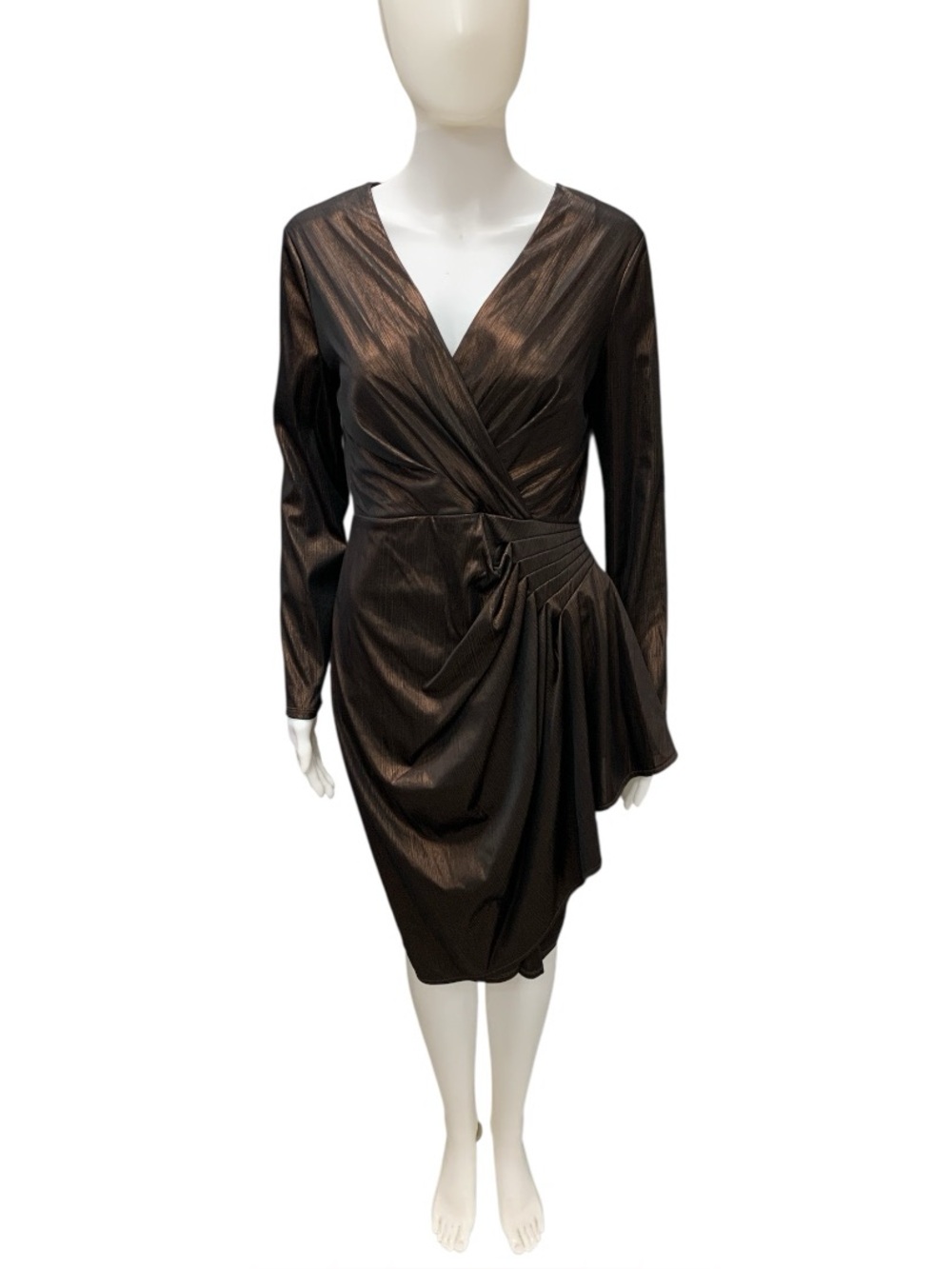 London Times NWT Metallic Brown Draped V-Neck Long Sleeve Dress Size M